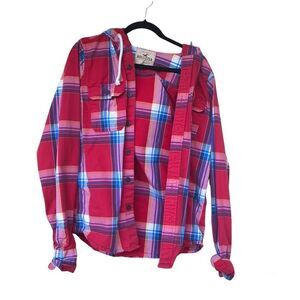 HOLLISTER , plaid button up with hood